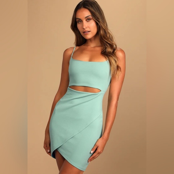 Lulus Dresses & Skirts - NWT Lulus Cutout On The Town Sage Blue Cutout Bodycon Dress Medium